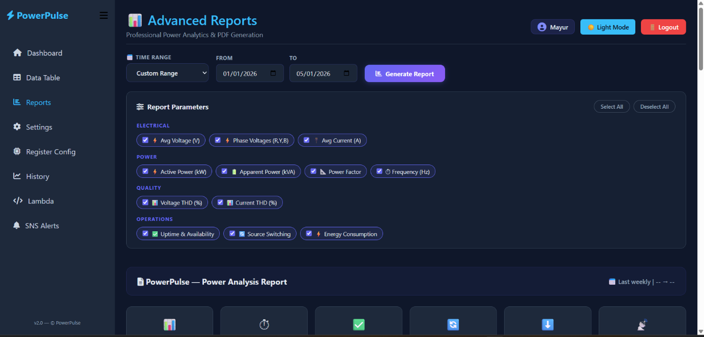 Reports interface with date range selection